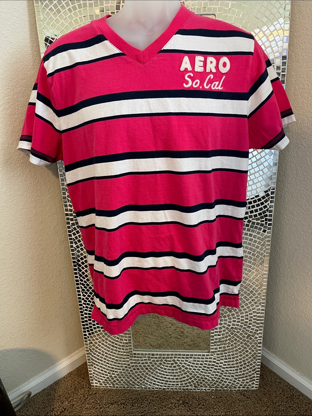 Aeropostale Men's Pink White and Black Striped V-Neck Tee
